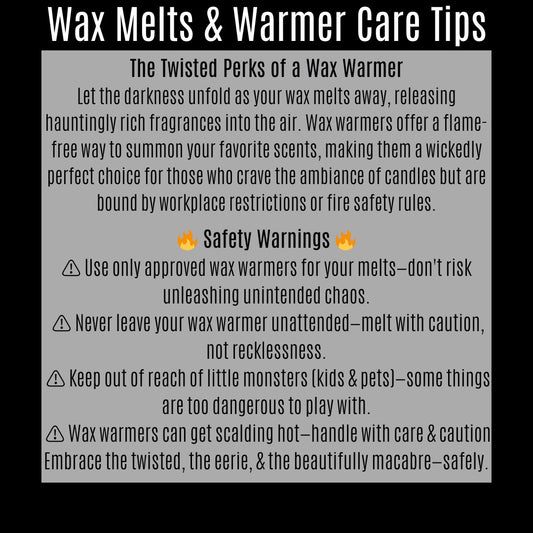 Twisted Jade's Lilith's Lullaby wax melts safety and care tips. Coconut-soy wax, phthalate-free.