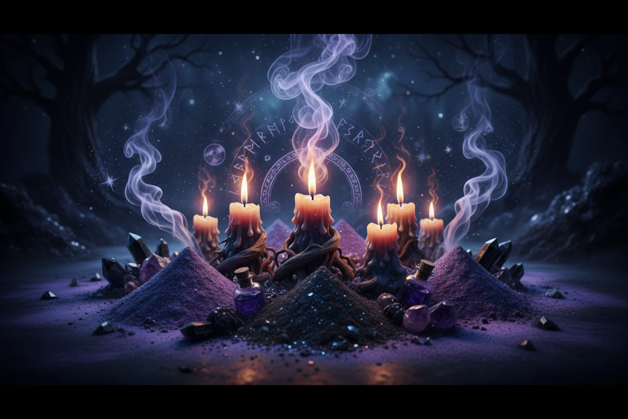 Dark witchy fantasy banner with candles and bath bomb dusts