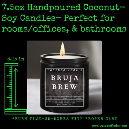 Twisted Jade's Bruja Brew coconut-soy candle with a burning wick in a black jar. 7.5oz.
