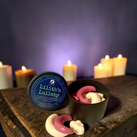 Twisted Jade's Lilith's Lullaby wax melts in pink, cream, and white crescent moon shapes. Coconut-soy wax.